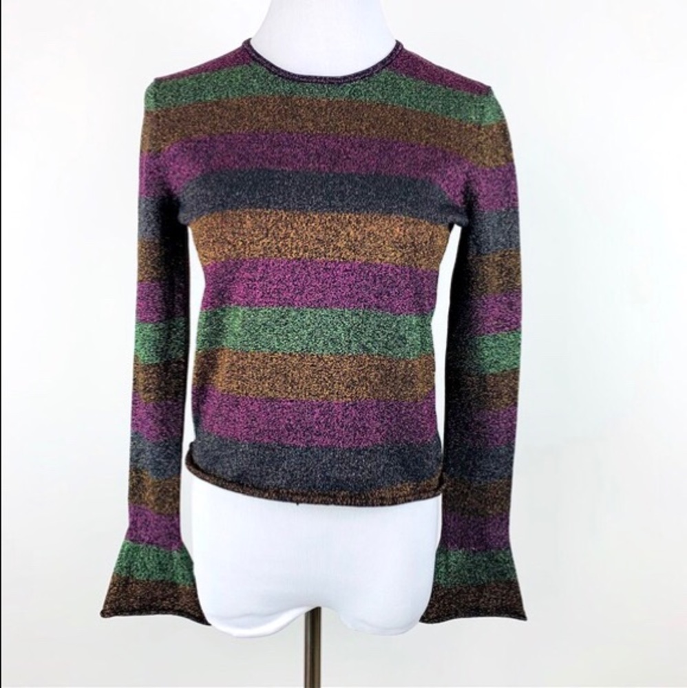 Zara Metallic Striped Bell Sleeve Knit Sweater - S